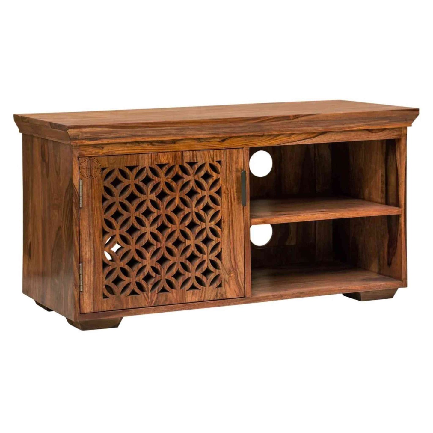 Mirra wooden TV Cabinet crafted from solid sheesham wood, vintage design, honey finish, 1 shelf, 1 door, furniture for home.