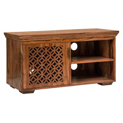 Mirra wooden TV Cabinet crafted from solid sheesham wood, vintage design, honey finish, 1 shelf, 1 door, furniture for home.