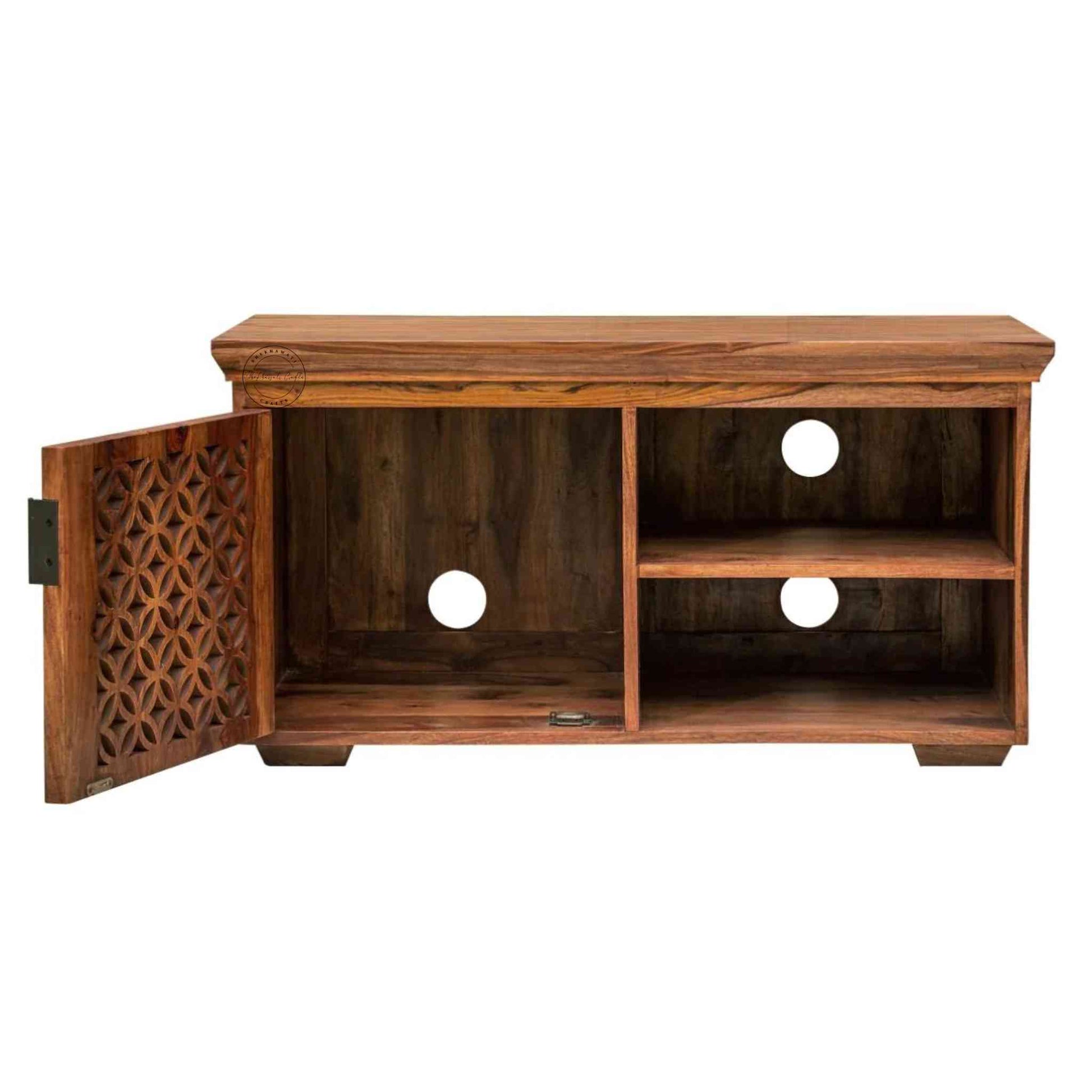 Mirra wooden TV Cabinet crafted from solid sheesham wood, vintage design, honey finish, 1 shelf, 1 door, furniture for home.