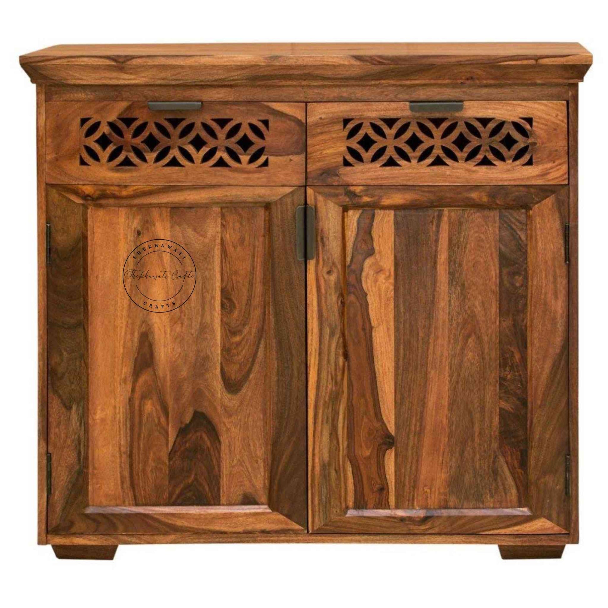Handmade vintage Mirra 2-drawer sideboard made of sheesham wood with a honey finish and detachable shelves.
