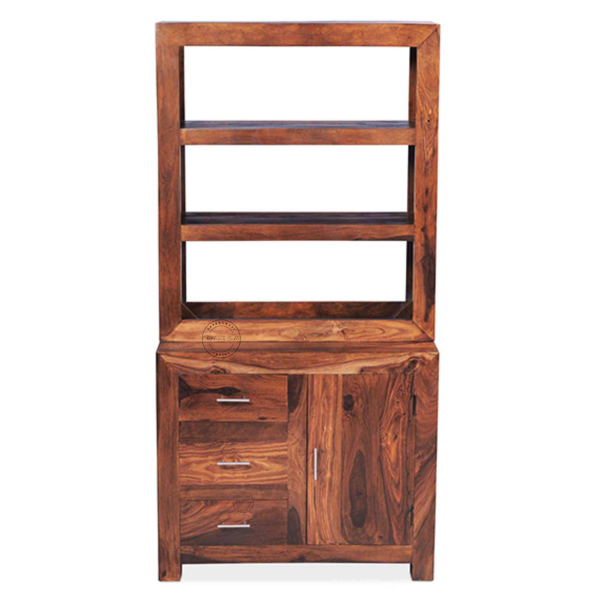 Modish wooden crockery cabinet crafted from sheesham wood, a honey finish, open shelves, 3 drawers and 1 door.