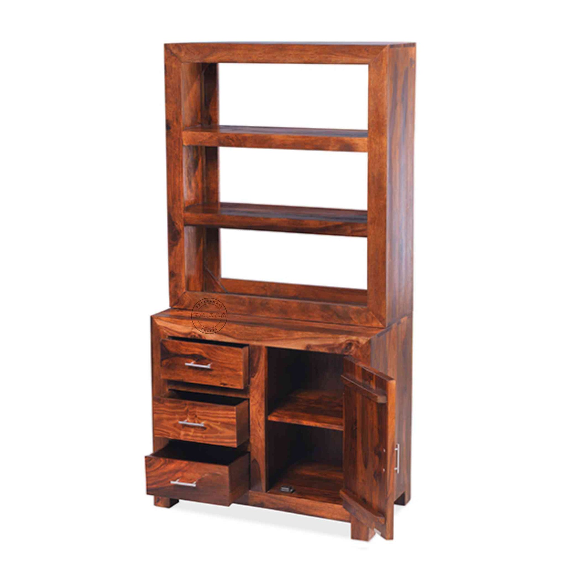 Modish wooden crockery cabinet crafted from sheesham wood, a honey finish, open shelves, 3 drawers and 1 door.
