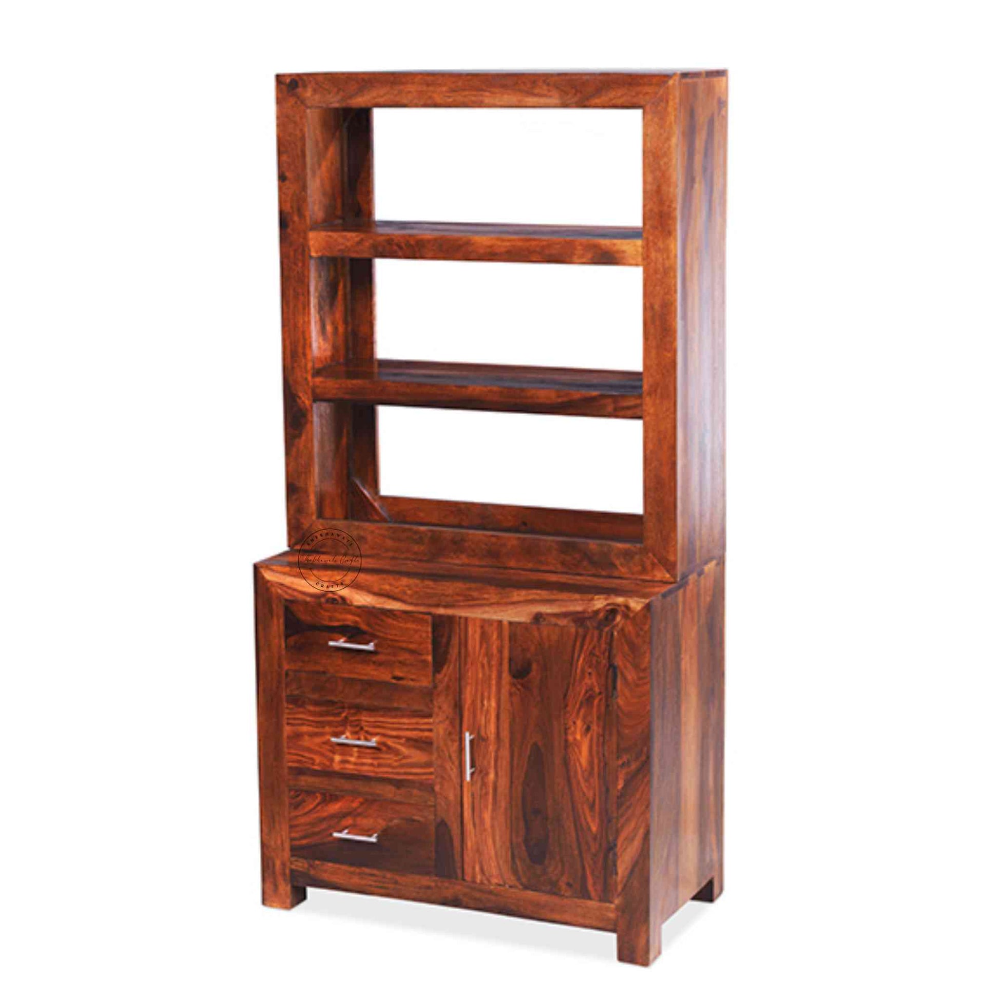 Modish wooden crockery cabinet crafted from sheesham wood, a honey finish, open shelves, 3 drawers and 1 door.