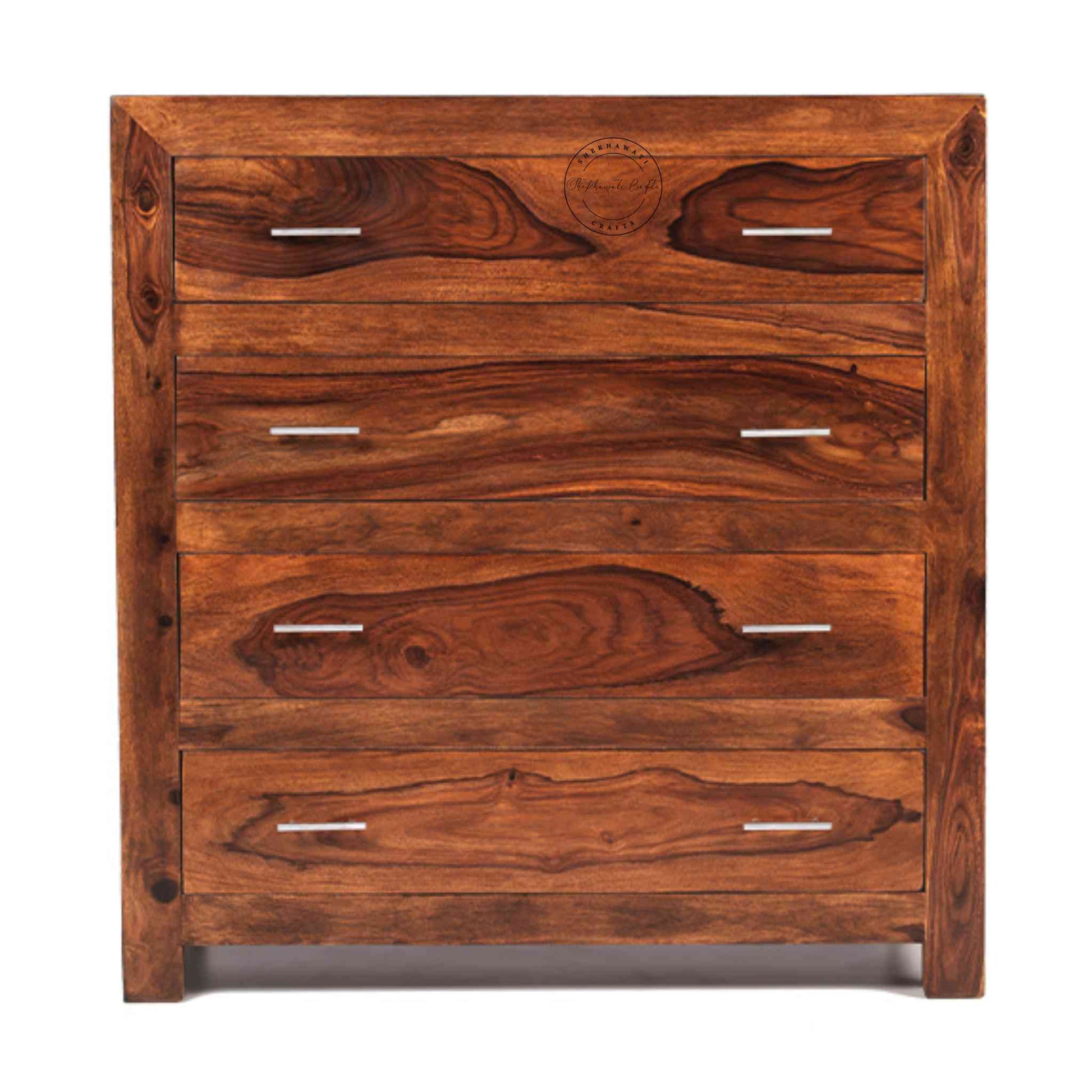 Modish wooden chest of drawers handcrafted from sheesham wood with a honey finish and 4 drawers.