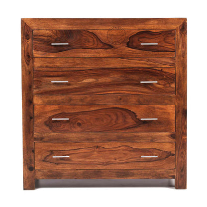 Modish wooden chest of drawers handcrafted from sheesham wood with a honey finish and 4 drawers.