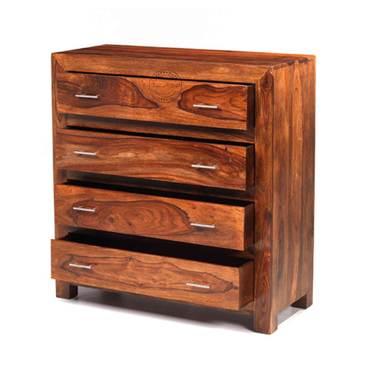 Modish wooden chest of drawers handcrafted from sheesham wood with a honey finish and 4 drawers.