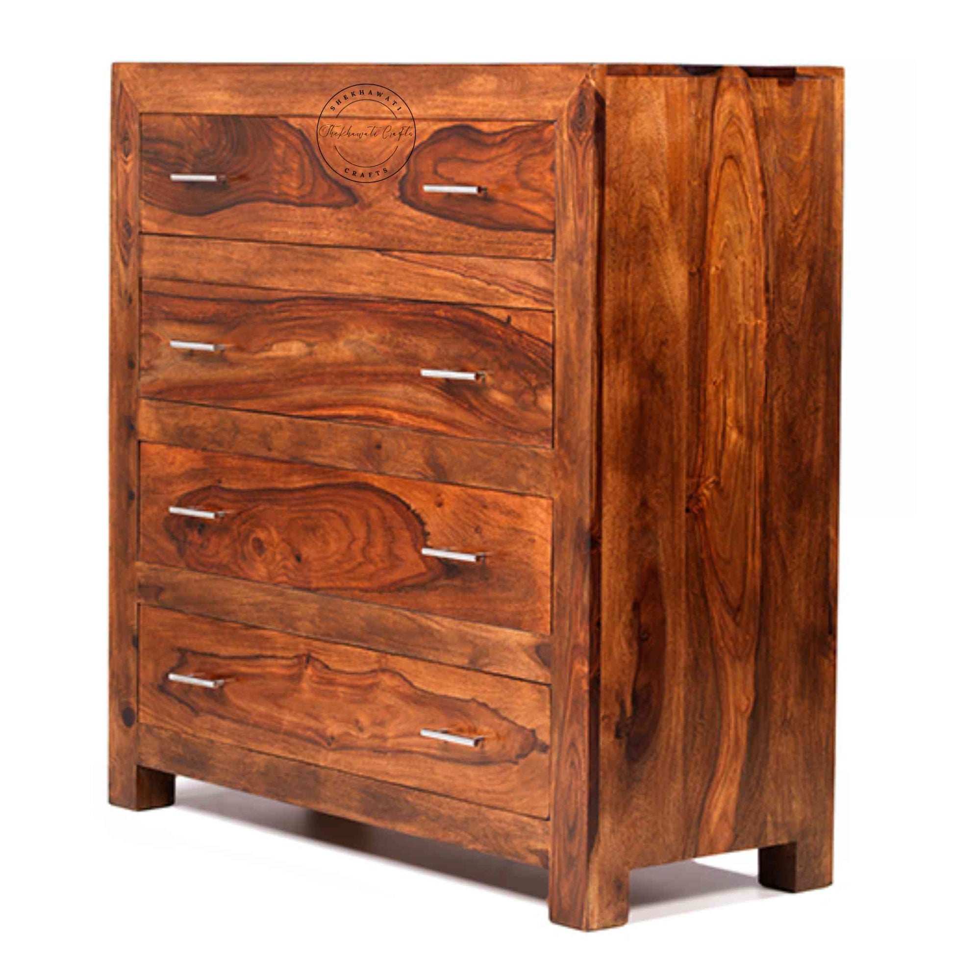 Modish wooden chest of drawers handcrafted from sheesham wood with a honey finish and 4 drawers.