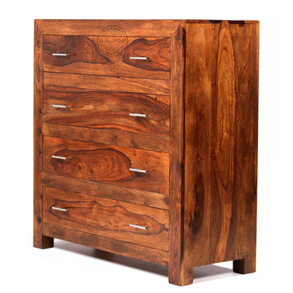 Modish wooden chest of drawers handcrafted from sheesham wood with a honey finish and 4 drawers.
