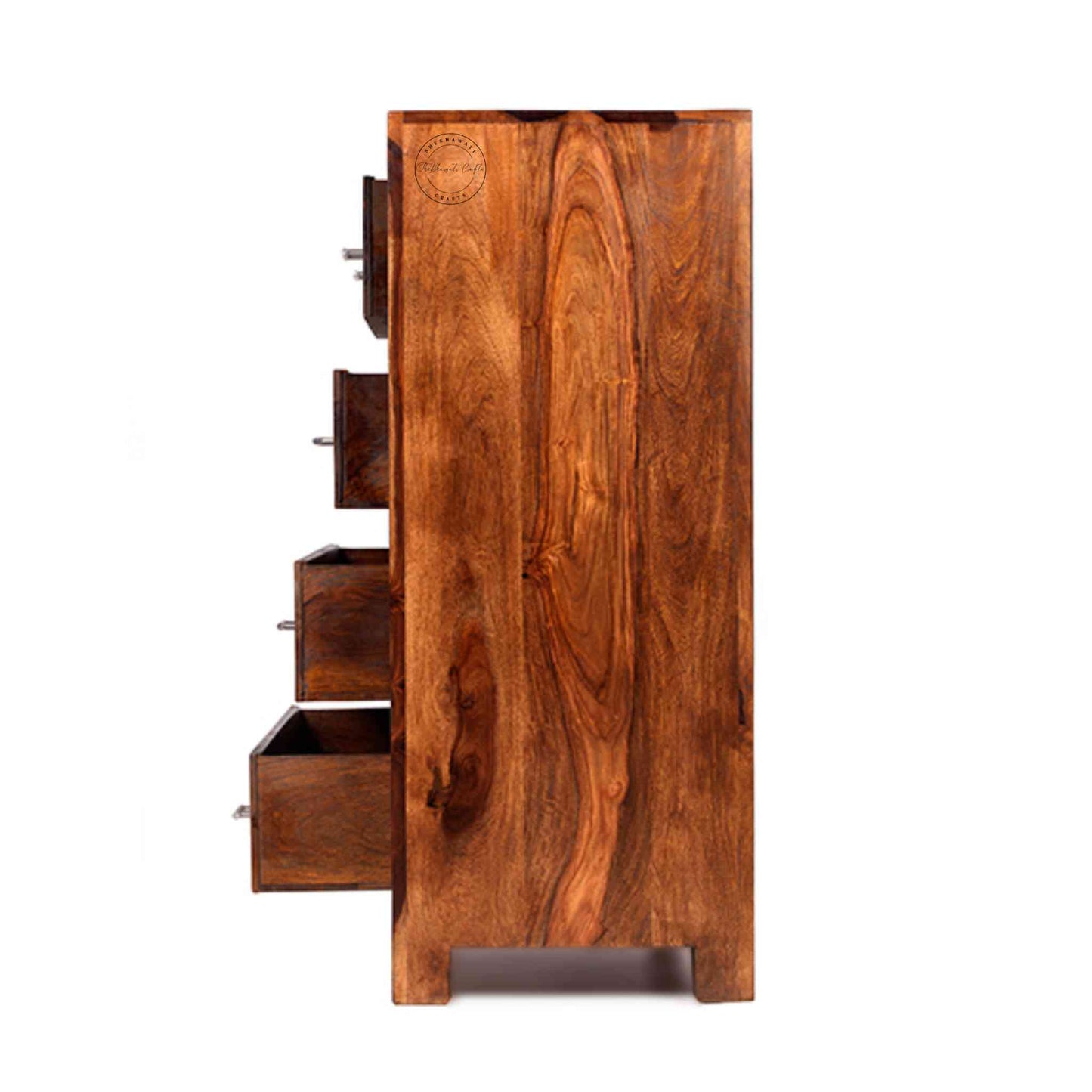 Modish wooden chest of drawers handcrafted from sheesham wood with a honey finish and 4 drawers.