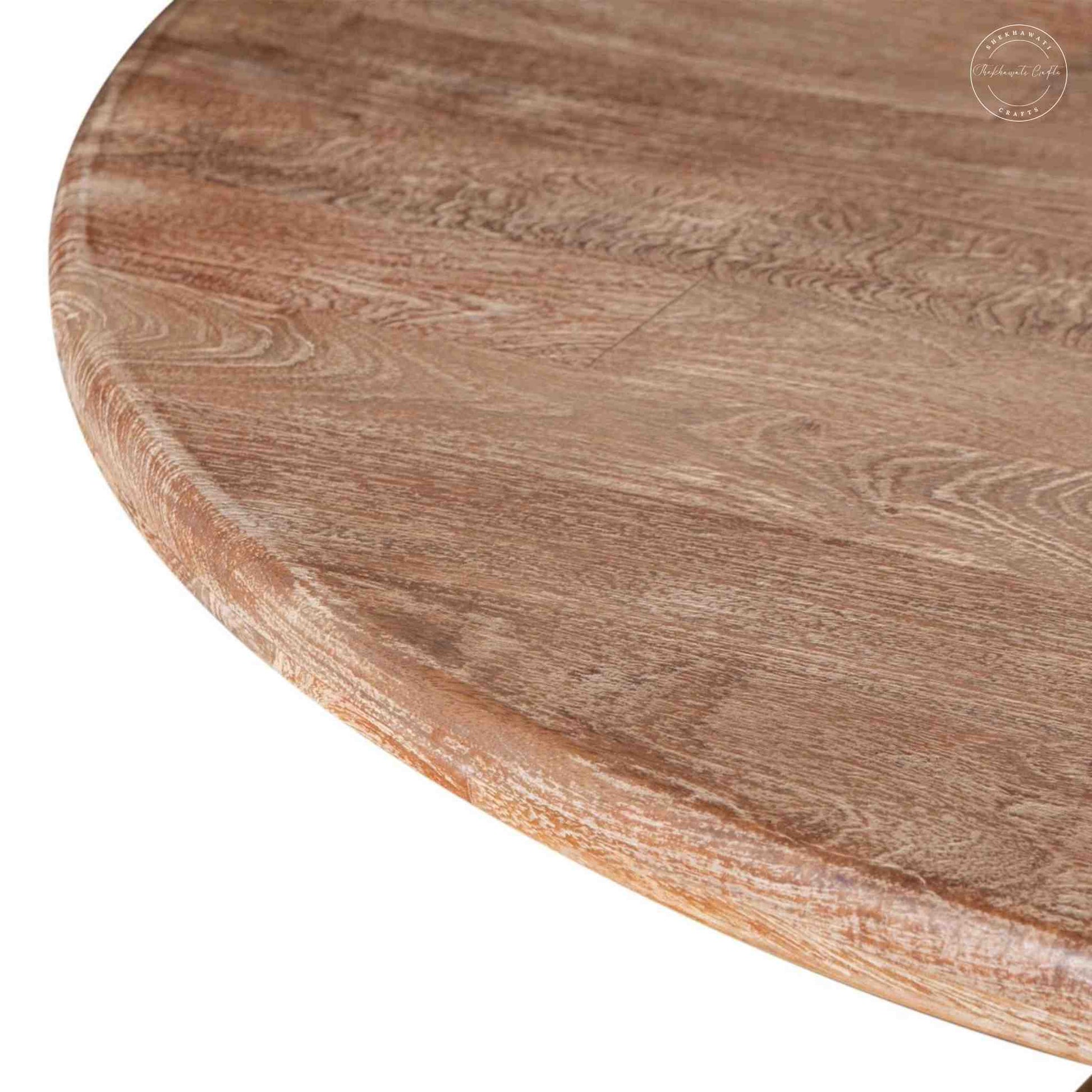Close-up look of Handmade Montreal retro solid mango wood dining table with rustic finish