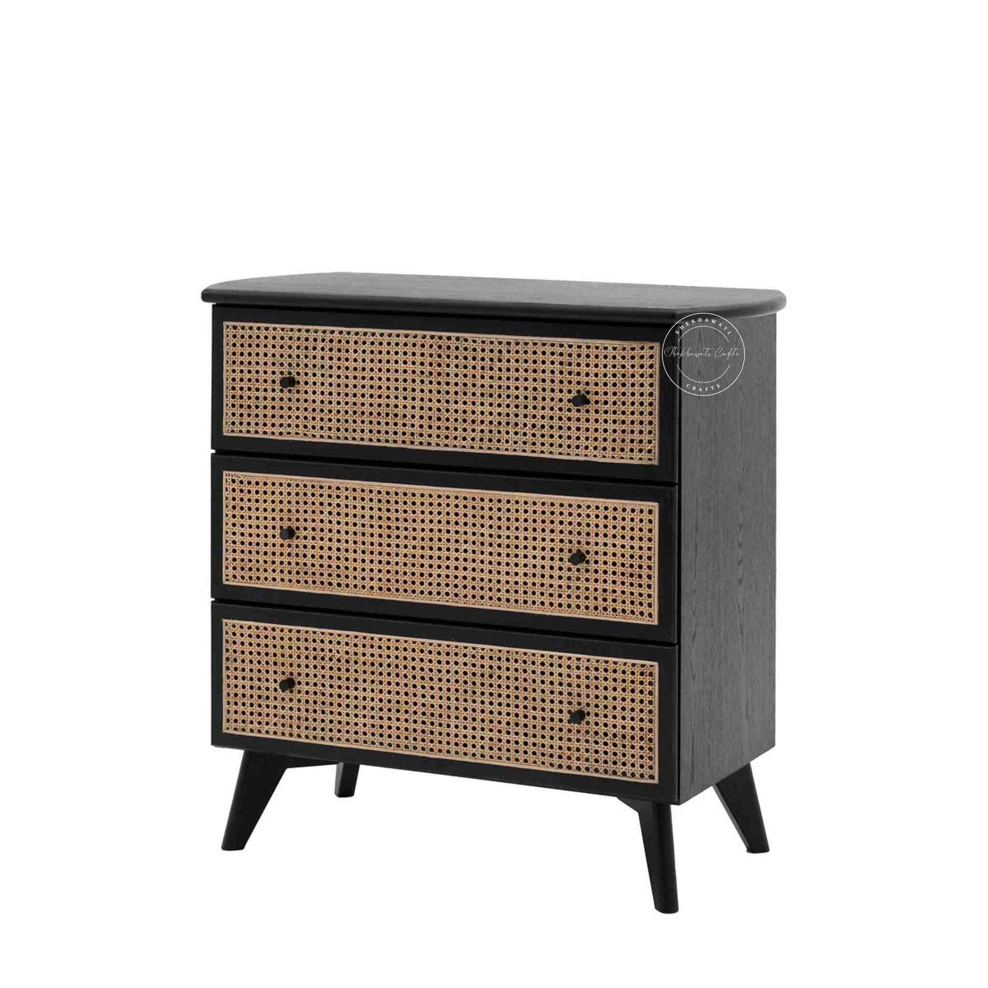Murphy rattan chest of drawers crafted from solid mango wood with a rattan cane design, featuring a matte black finish and 3 drawers.