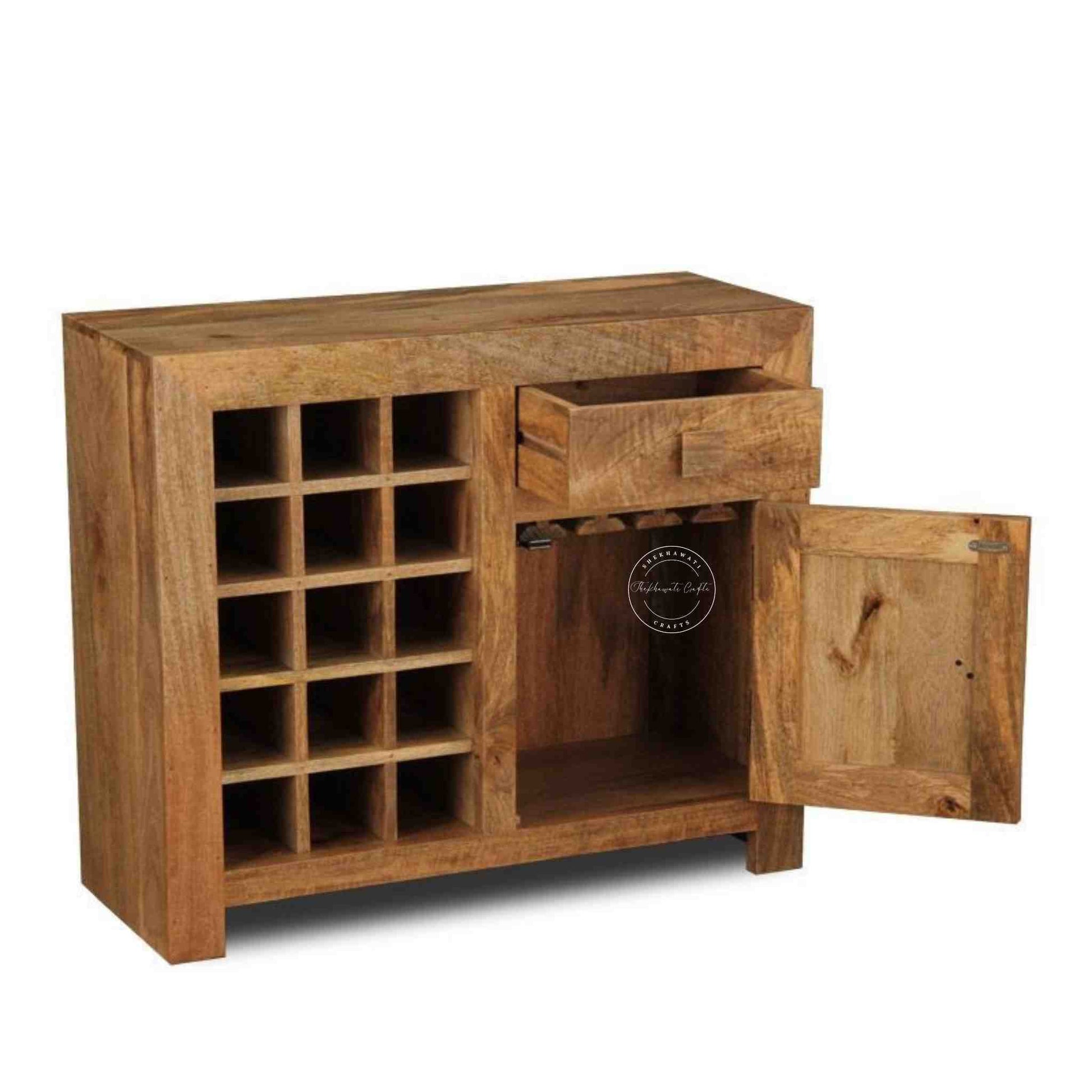 Handcrafted wooden bar cabinet in a natural finish with one drawer, one door, and separate bottle sections.