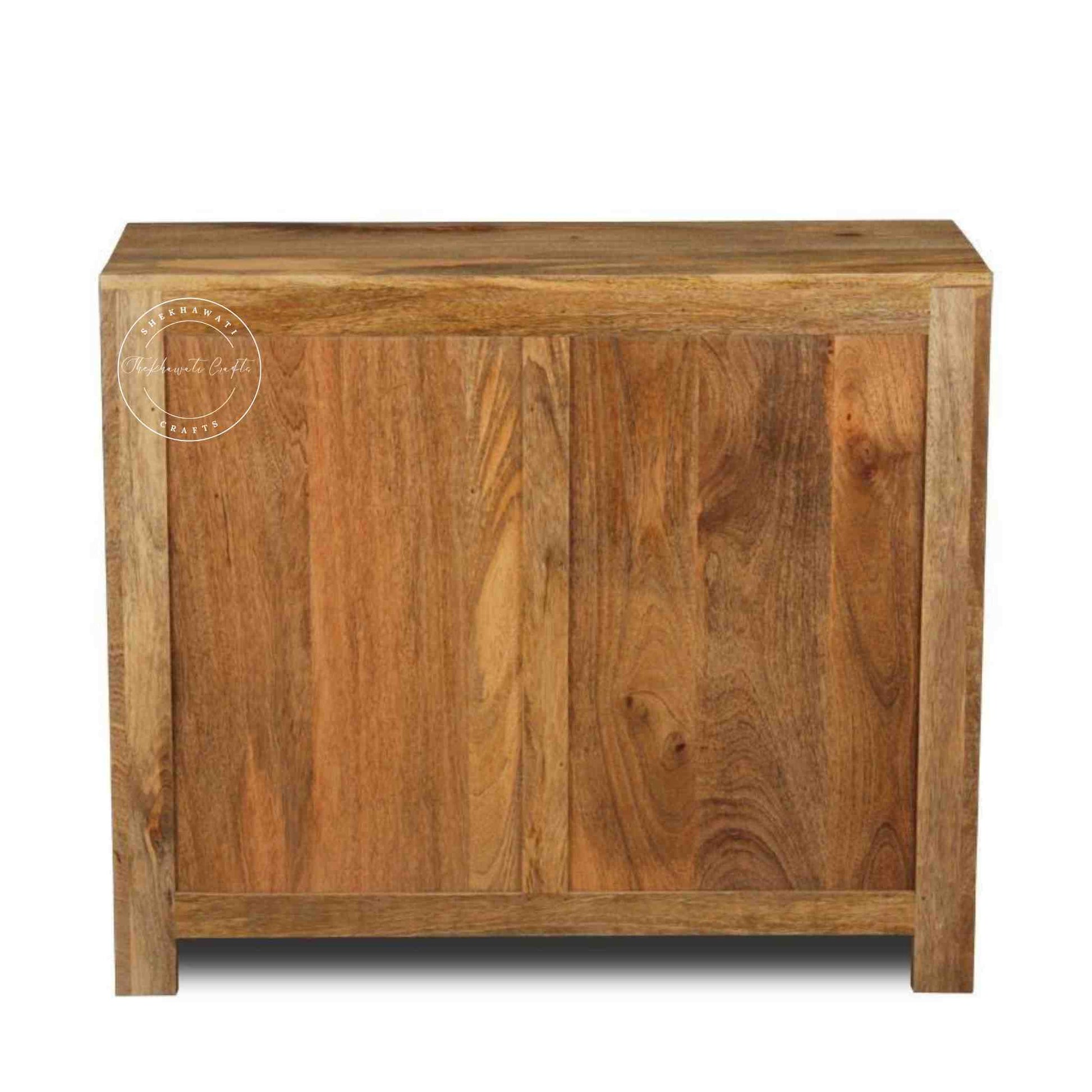 Handcrafted wooden bar cabinet in a natural finish with one drawer, one door, and separate bottle sections.