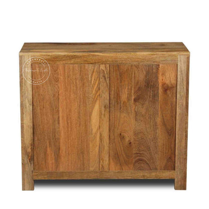 Handcrafted wooden bar cabinet in a natural finish with one drawer, one door, and separate bottle sections.