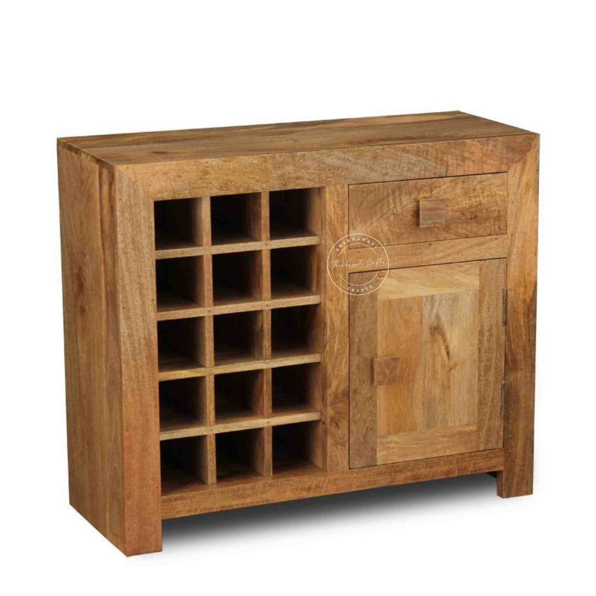 Handcrafted wooden bar cabinet in a natural finish with one drawer, one door, and separate bottle sections.