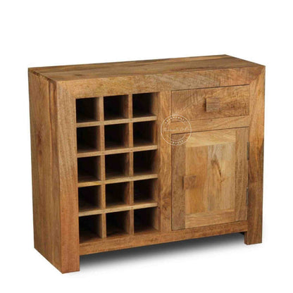 Handcrafted wooden bar cabinet in a natural finish with one drawer, one door, and separate bottle sections.