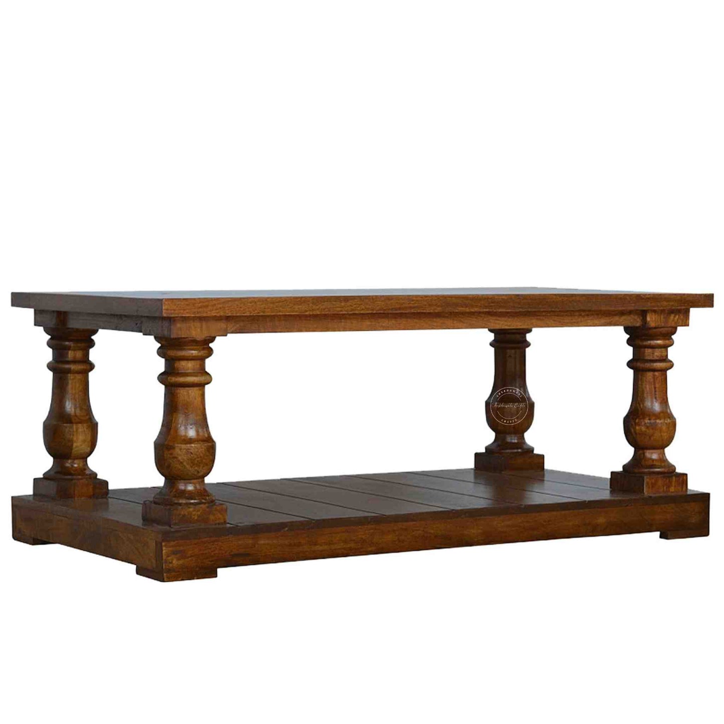 New City Center Table is made from Sheesham wood with a honey finish, antique-inspired design and bottom shelf storage.