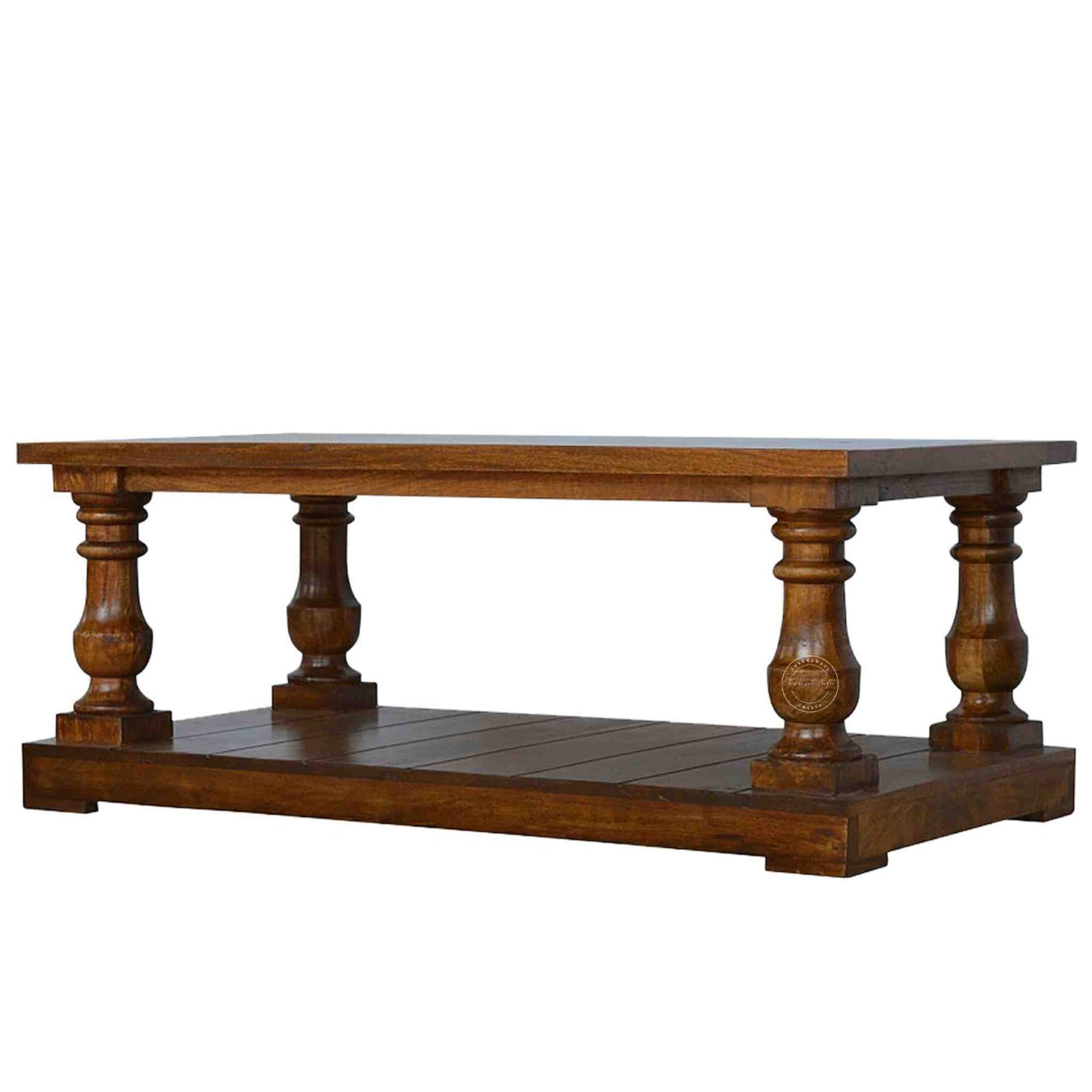 New City Center Table is made from Sheesham wood with a honey finish, antique-inspired design and bottom shelf storage.