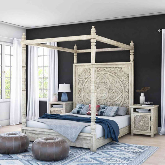 Nexon King Size Poster Bed handcrafted from mango wood, a rustic white finish and hand-carved vintage design.