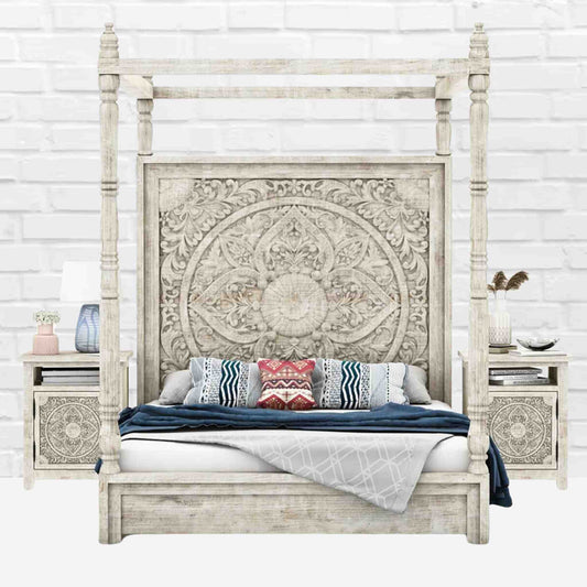 Nexon King Size Poster Bed handcrafted from mango wood, a rustic white finish and hand-carved vintage design.