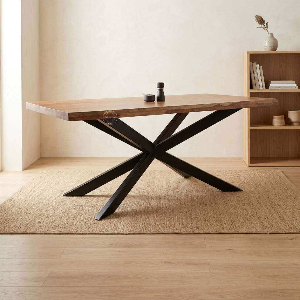 A rustic wooden dining table with a live-edge top and a black metal X-shaped base, styled on a jute rug in a warm, minimalist room.