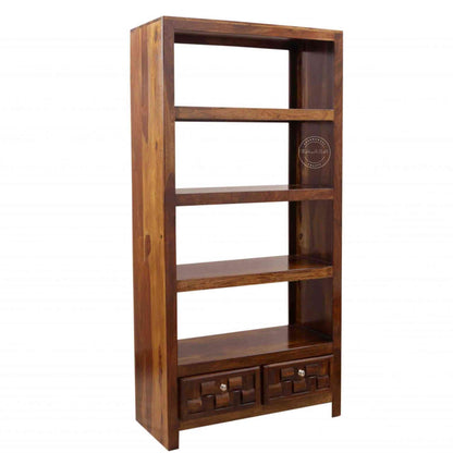 Nivar Wood Bookshelf crafted from sheesham wood with a honey finish, 4 shelves and 2 drawers.