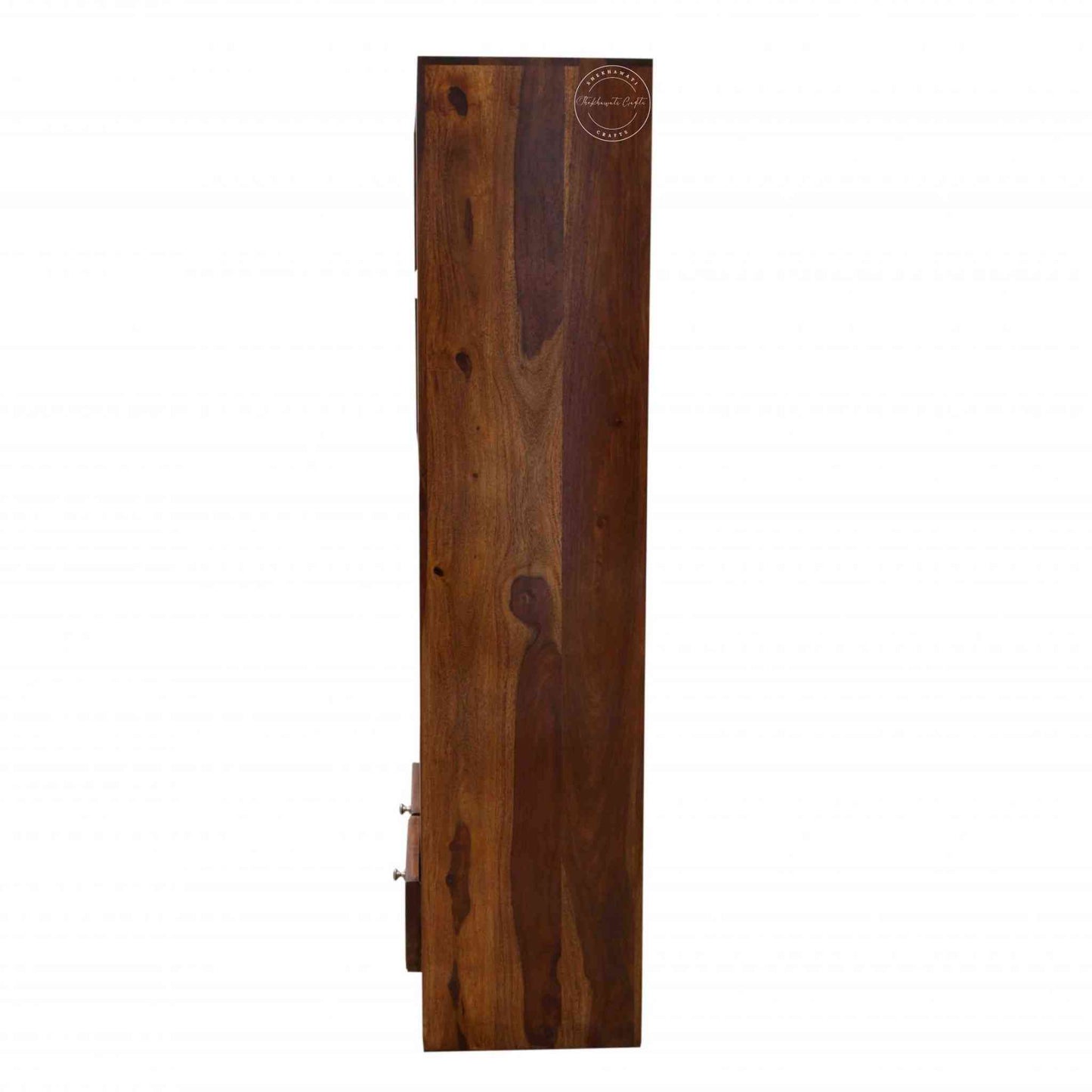 Nivar Wood Bookshelf crafted from sheesham wood with a honey finish, 4 shelves and 2 drawers.