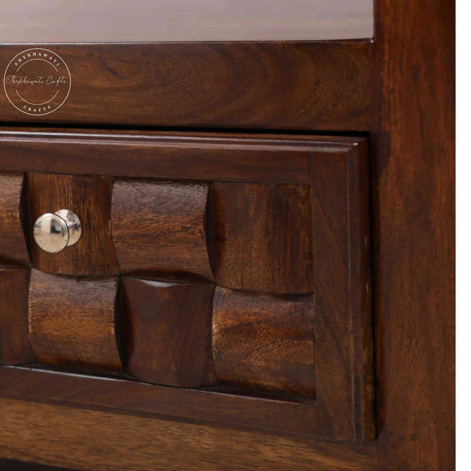 Nivar Wood Bookshelf crafted from sheesham wood with a honey finish, 4 shelves and 2 drawers.