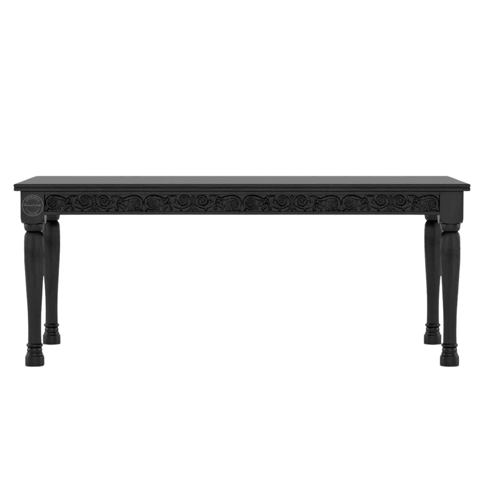 Nobel Dining Table is made from termite-free mango wood with a matte black finish, vintage hand-carved design, and DIY assemble legs.