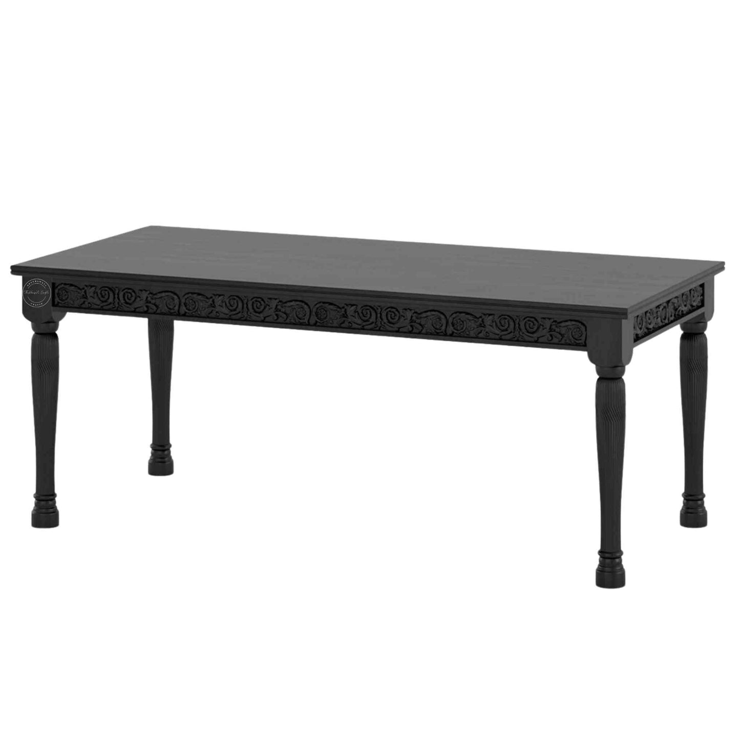 Nobel Dining Table is made from termite-free mango wood with a matte black finish, vintage hand-carved design, and DIY assemble legs.