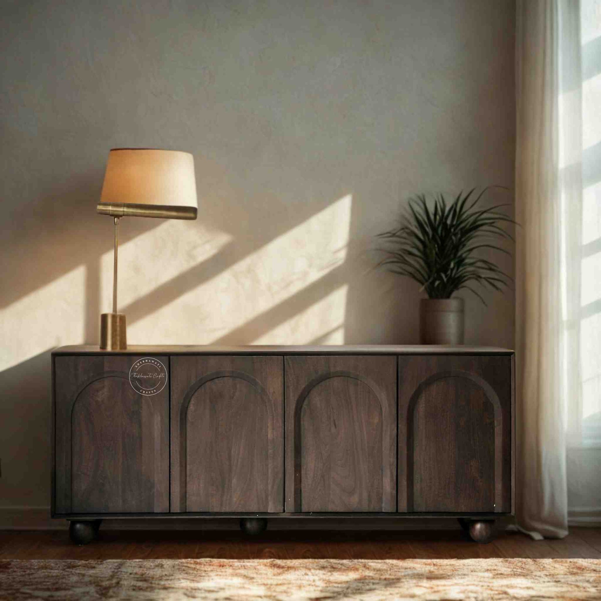 Novo wooden sideboard handcrafted from mango wood, a walnut finish and 4 doors