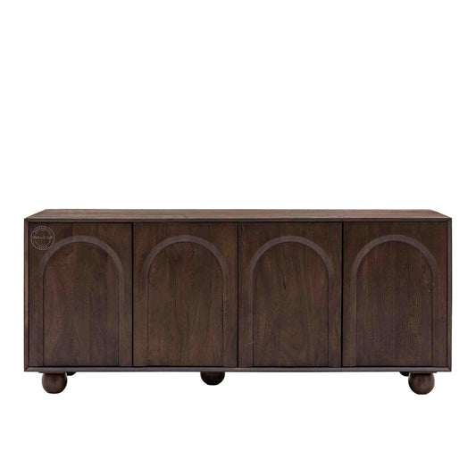 Novo wooden sideboard handcrafted from mango wood, a walnut finish and 4 doors