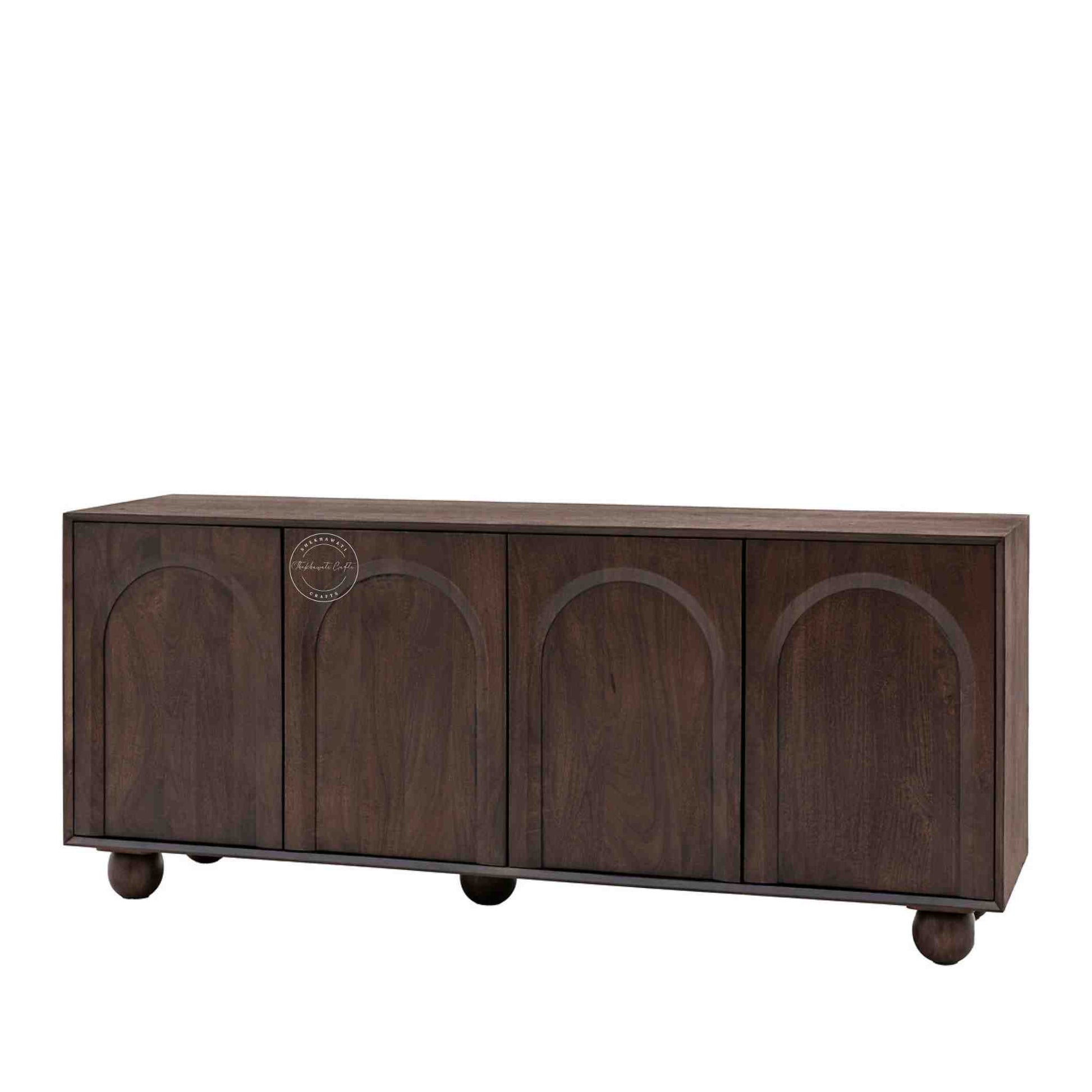 Novo wooden sideboard handcrafted from mango wood, a walnut finish and 4 doors