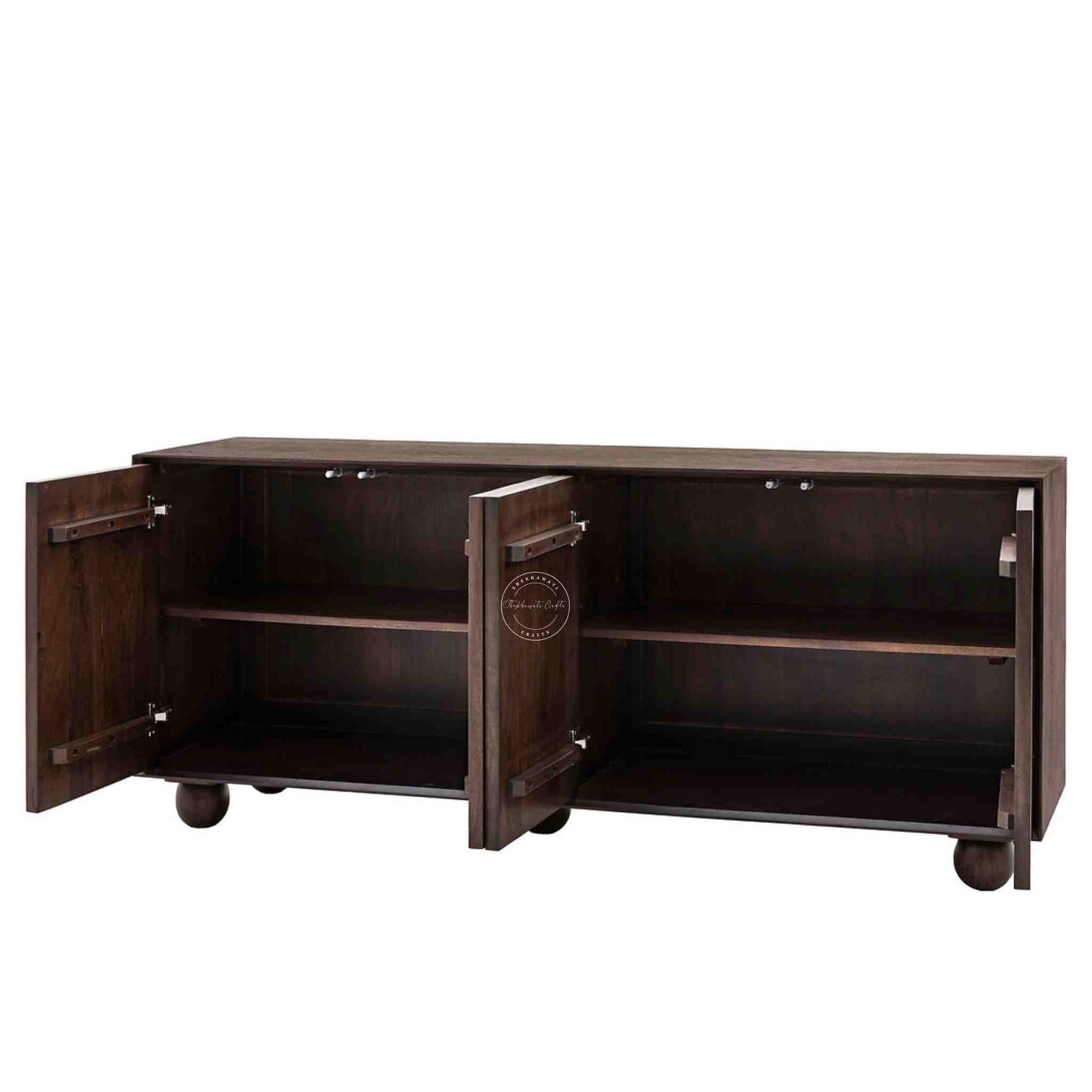 Novo wooden sideboard handcrafted from mango wood, a walnut finish and 4 doors