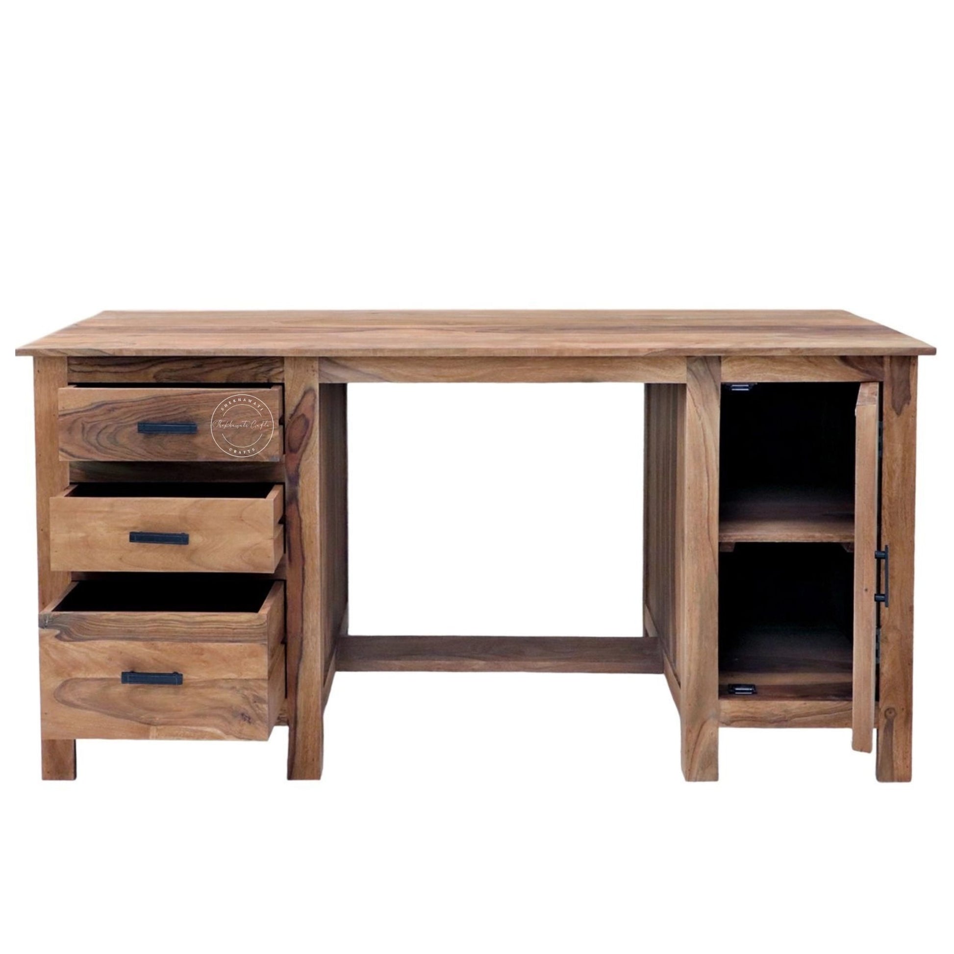 A solid wood writing desk with three drawers on the left, a cabinet door on the right, and open shelving in the centre.