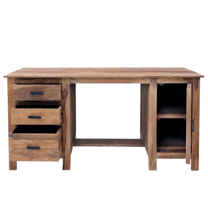 A solid wood writing desk with three drawers on the left, a cabinet door on the right, and open shelving in the centre.