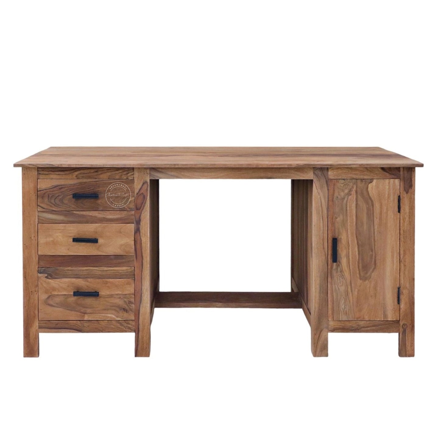 A rustic wooden writing desk with three drawers on the left, a single cabinet door on the right, and an open center space, shown against a plain white background.