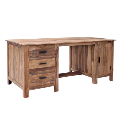 A rustic wooden writing desk with three drawers on the left, a central open space, and two cabinet doors on the right, shown on a plain white background.