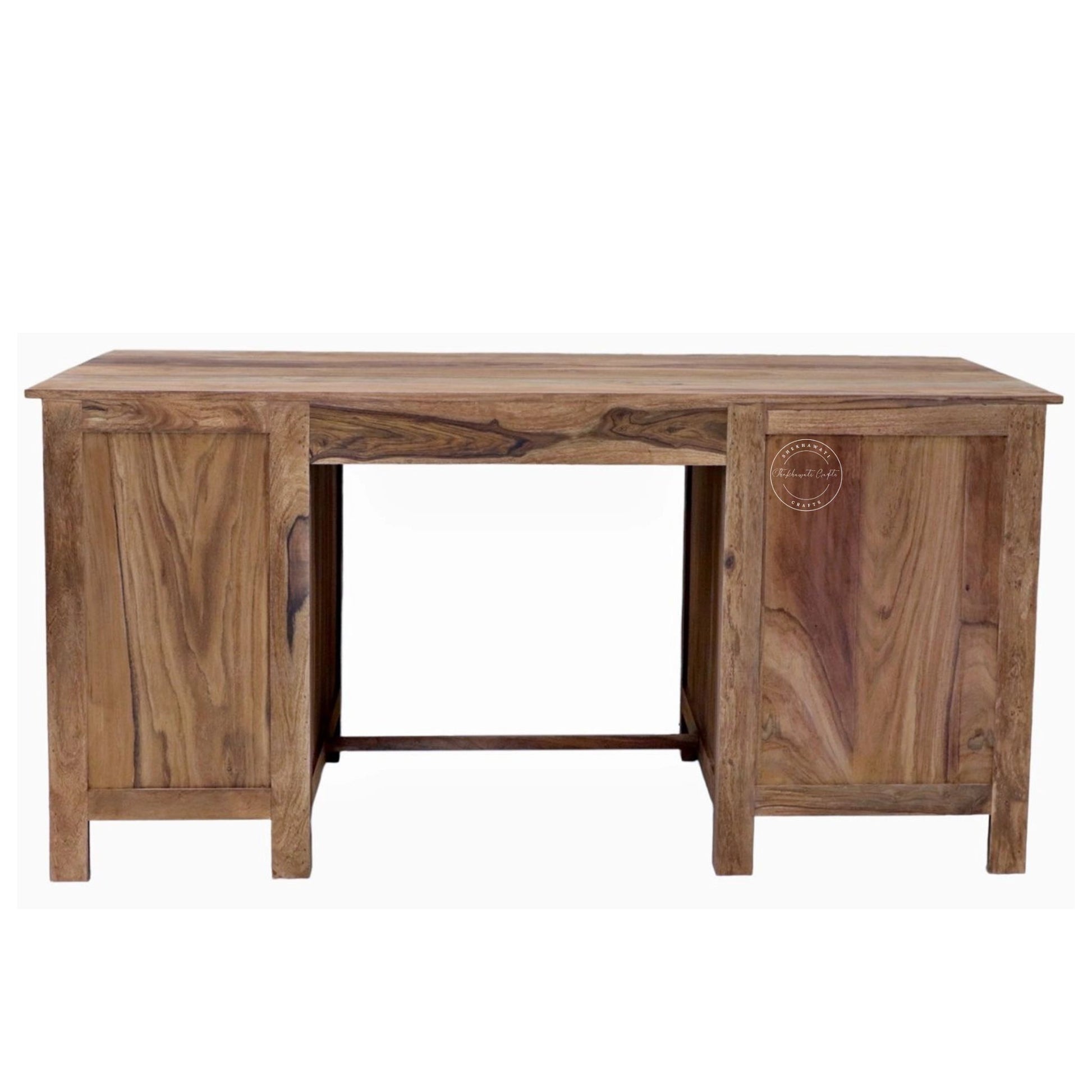 Back-side view of a  solid wood desk with a natural wood grain finish, featuring two cabinet doors on the sides and a central open space supported by a lower stretcher bar. .