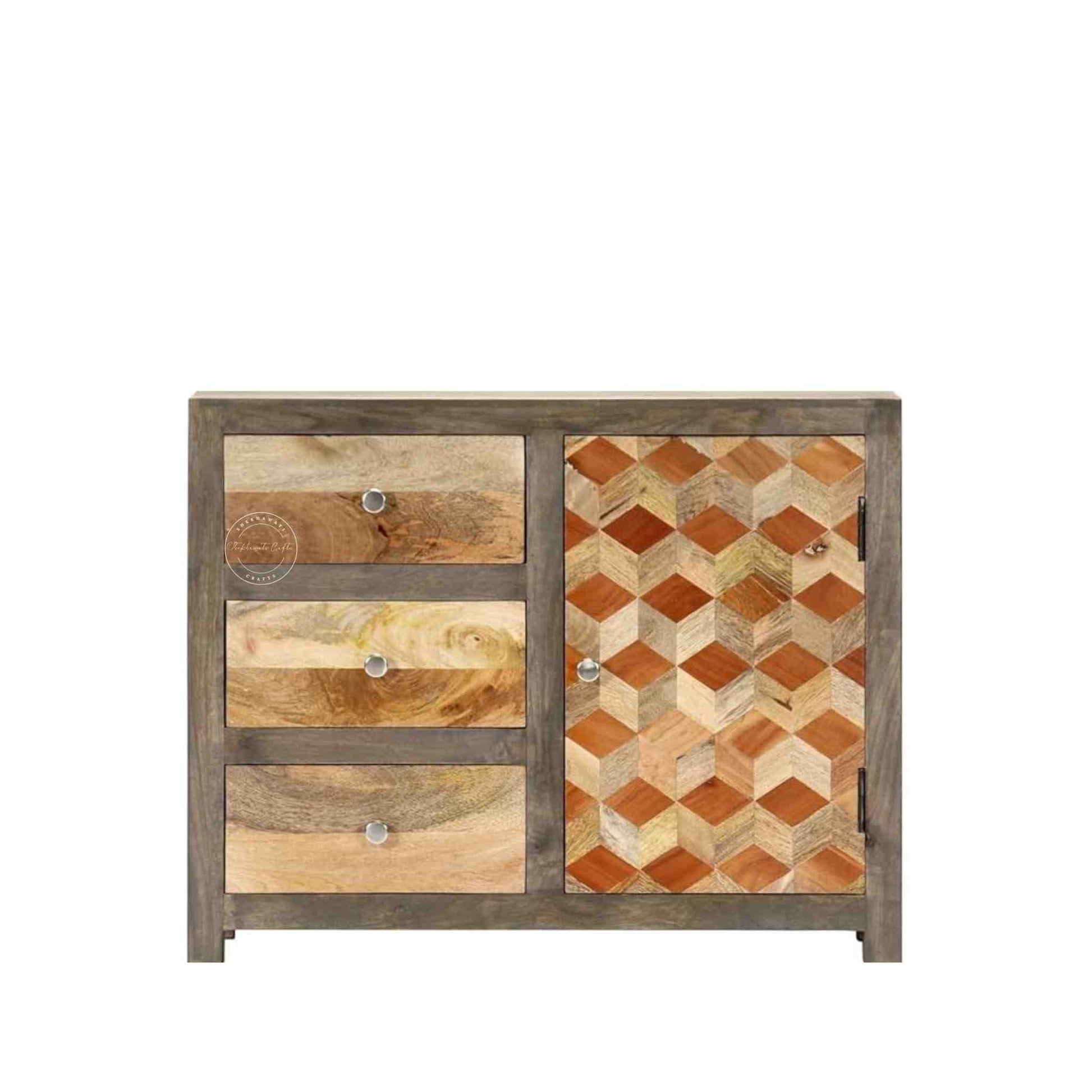 The Orion sideboard is handcrafted from mango wood with a dual-tone finish, featuring 1 door and 3 drawers.