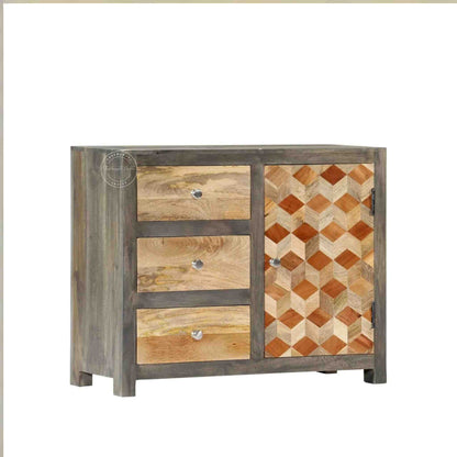 The Orion sideboard is handcrafted from mango wood with a dual-tone finish, featuring 1 door and 3 drawers.