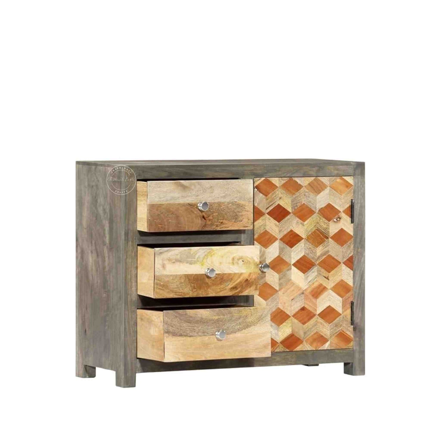 The Orion sideboard is handcrafted from mango wood with a dual-tone finish, featuring 1 door and 3 drawers.