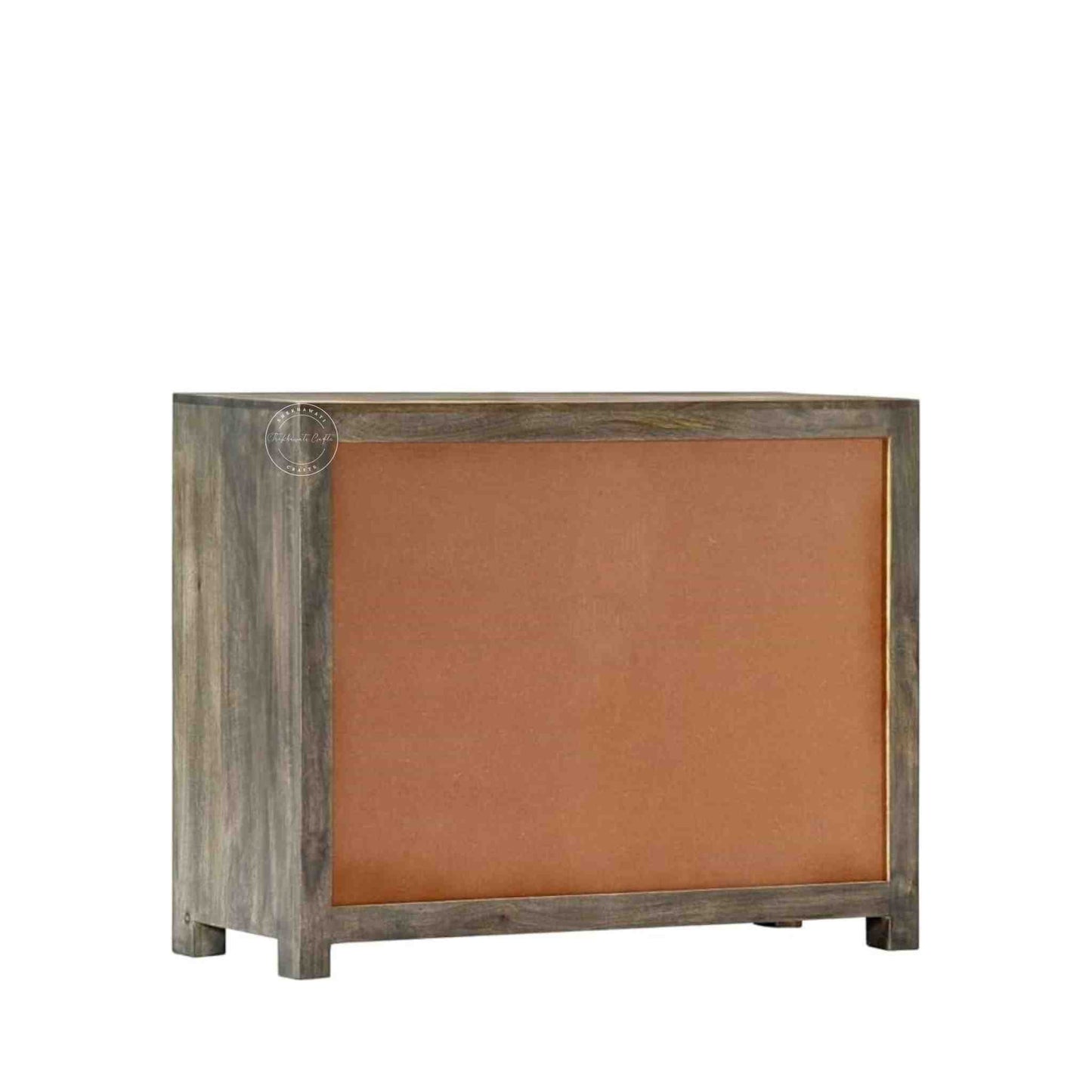 Back side view of the Orion sideboard is handcrafted from mango wood with a dual-tone finish, featuring 1 door and 3 drawers.