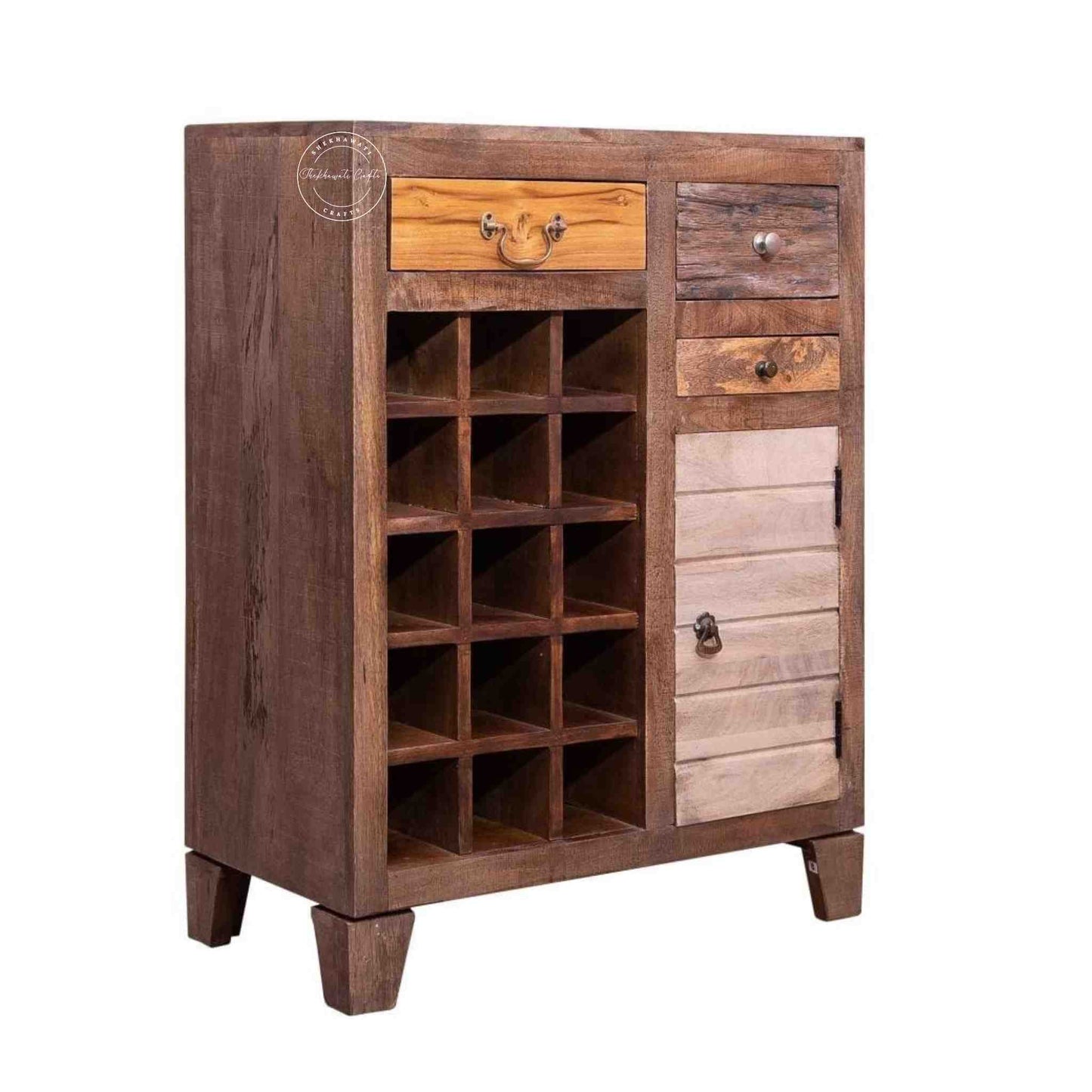 Handcrafted Oslo Bar Cabinet made from mango wood with a rustic finish, featuring 3 drawers, and bottle sections.