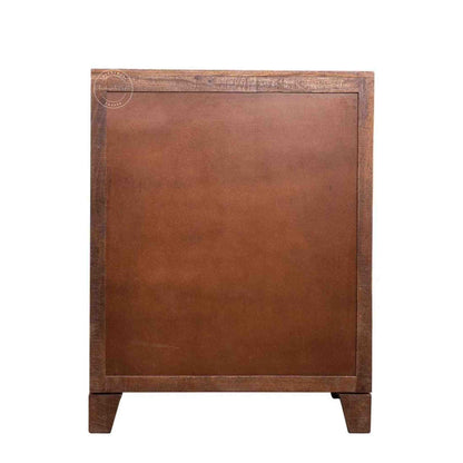 Handcrafted Oslo Bar Cabinet made from mango wood with a rustic finish, featuring 3 drawers, and bottle sections.
