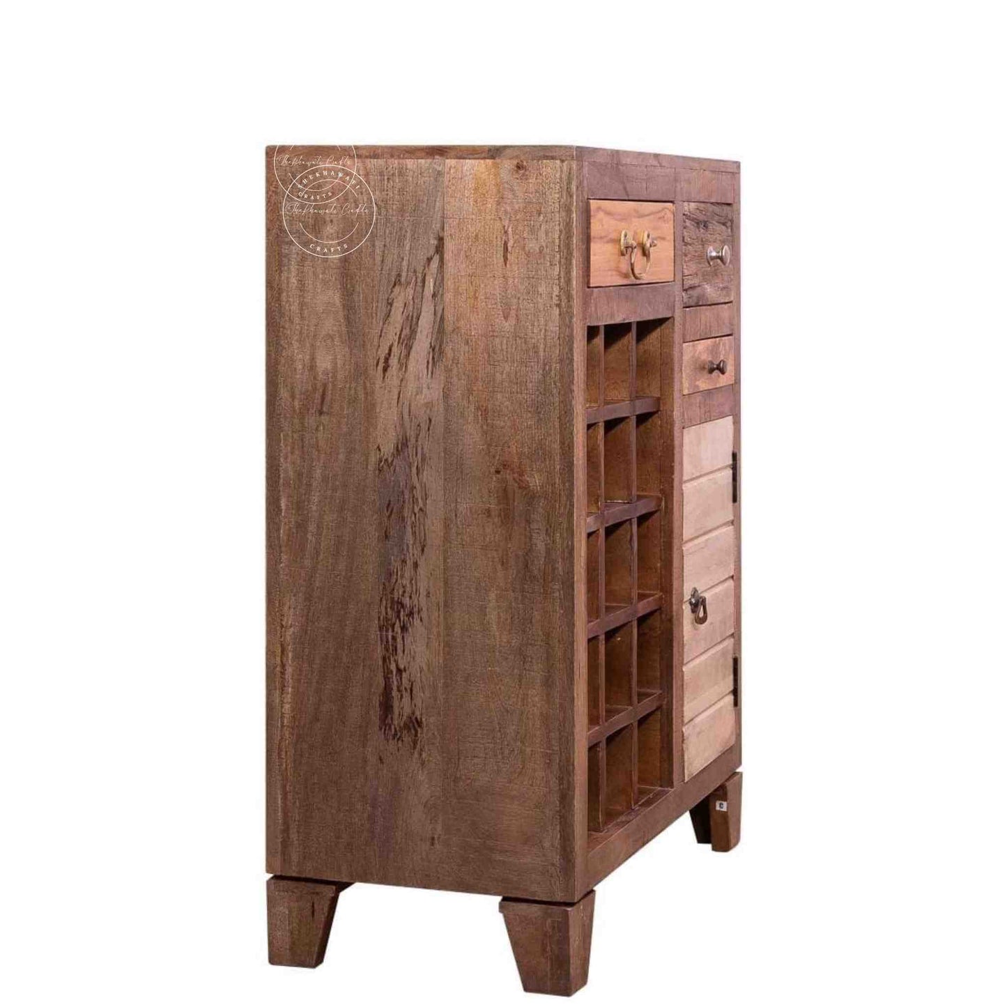 Handcrafted Oslo Bar Cabinet made from mango wood with a rustic finish, featuring 3 drawers, and bottle sections.