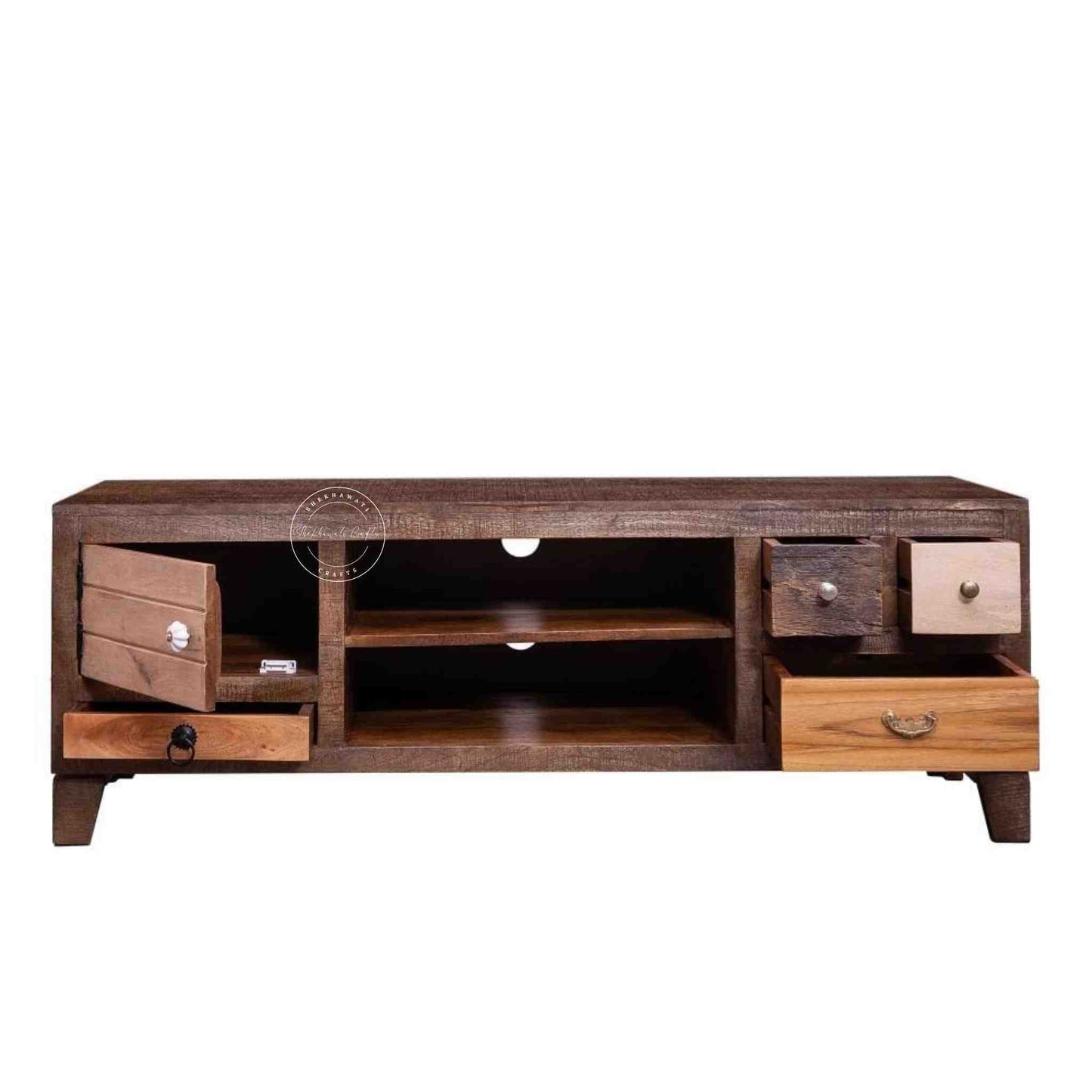 Oslo Mango Wood TV Cabinet with a dual-tone finish, 3 drawers, central open shelf, and wire pass hole.