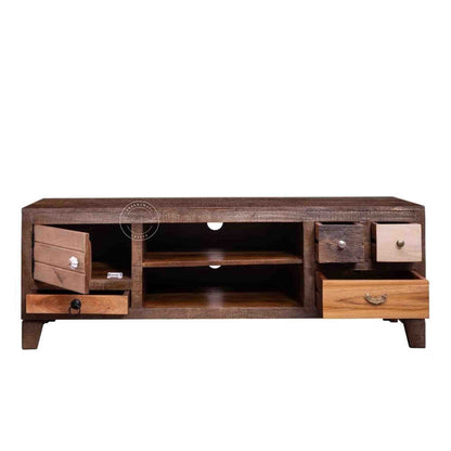 Oslo Mango Wood TV Cabinet with a dual-tone finish, 3 drawers, central open shelf, and wire pass hole.