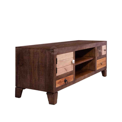 Oslo Mango Wood TV Cabinet with a dual-tone finish, 3 drawers, central open shelf, and wire pass hole.