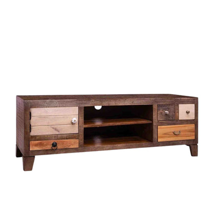 Oslo Mango Wood TV Cabinet with a dual-tone finish, 3 drawers, central open shelf, and wire pass hole.